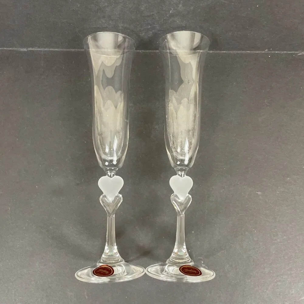 2 Gorham Amore Heart Champagne Toasting Flutes Frosted Crystal 10” Germany